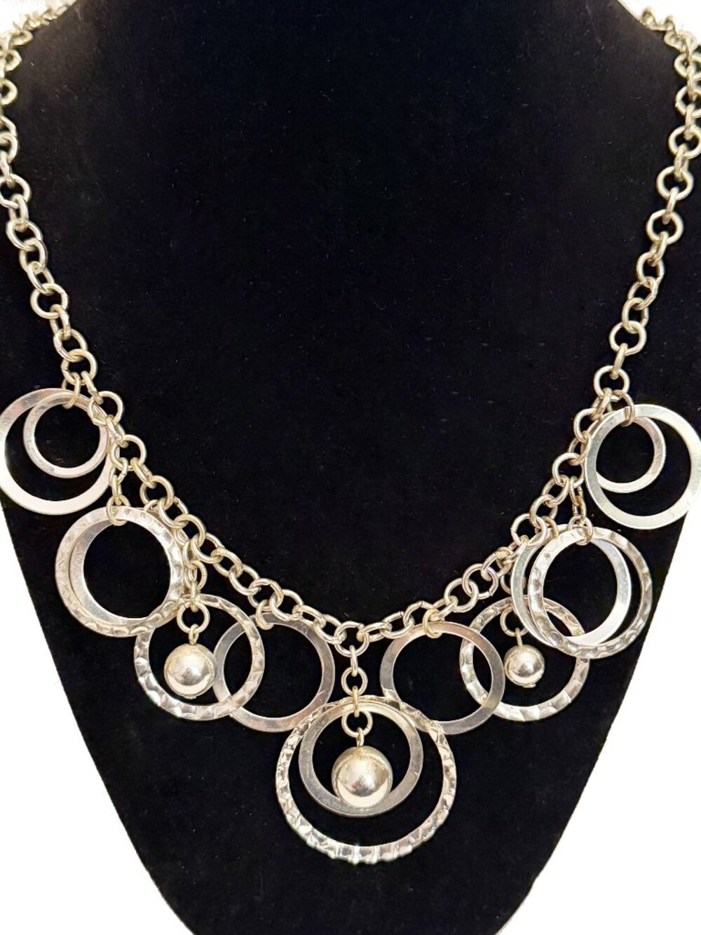Modernist Silver Tone Concentric Circle Bib Statement Necklace - Textured Rings